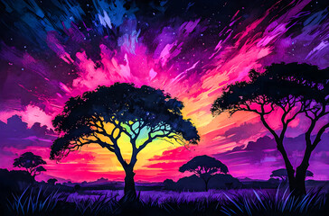 Wall Mural - neon silhouettes of acacia trees a vibrant, neon oil painting featuring watercolor vector painting a