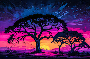 Wall Mural - neon silhouettes of acacia trees a vibrant, neon oil painting featuring watercolor vector painting a