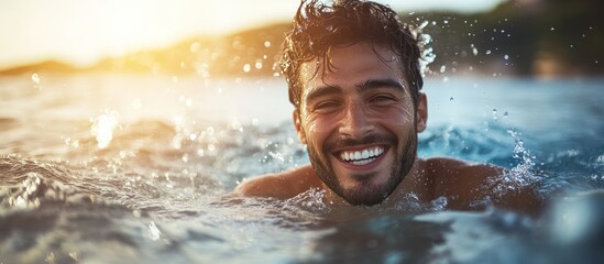 A man with a big smile swims in the ocean.