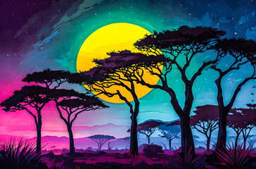 Wall Mural - neon silhouettes of acacia trees a vibrant, neon oil painting featuring watercolor vector painting a