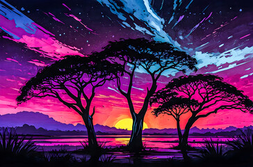 Wall Mural - neon silhouettes of acacia trees a vibrant, neon oil painting featuring watercolor vector painting a