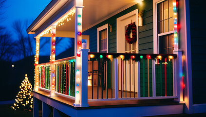 Wall Mural - bright christmas porch lights wrapped around railing