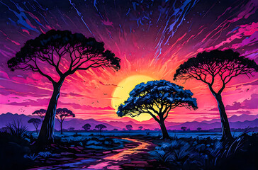 Wall Mural - neon silhouettes of acacia trees a vibrant, neon oil painting featuring watercolor vector painting a