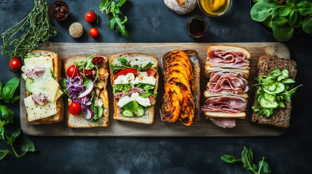 An artistic flat lay of different types of sandwiches made with fresh bread, filled with colorful ingredients like vegetables, meats, and cheeses, perfect for lunch inspiration.