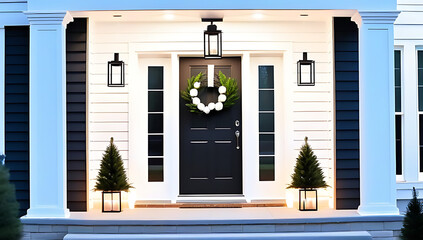 Wall Mural - modern christmas porch featuring minimalist wreaths glowing lanterns