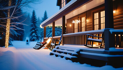 Wall Mural - snowy christmas porch skis sleds twinkling lights