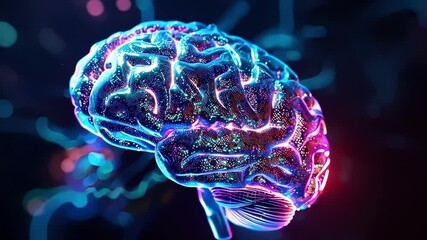 Poster - luminous 3d rendering of a human brain with glowing particles is symbolizing the exploration of neur