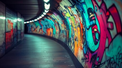 Aufkleber - An artistic perspective of the long, curved walls of a subway tunnel, featuring graffiti art and vibrant colors, showcasing urban creativity and culture.