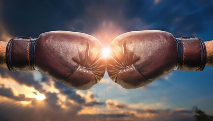 Two boxing gloves punch. Light on cloudy sky. Box, power, fight symbols.