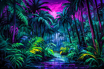 Wall Mural - neon night jungle with glowing trees a vibrant oil painting of a dense jungle at night, with neon-li