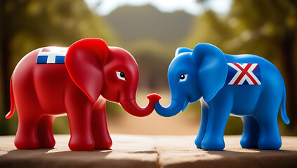 red elephant blue donkey facing political emblem conservative liberal values