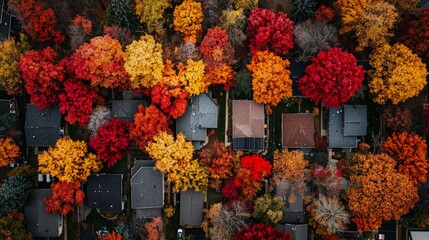 Aerial View of Serene Suburban Neighborhood in Fall Colors