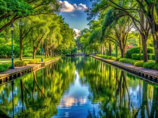 Wall Mural - A tranquil scene of Crown Alley at Lake Mary, framed by vibrant greenery and a shimmering water surface, creating a perfect peaceful retreat.