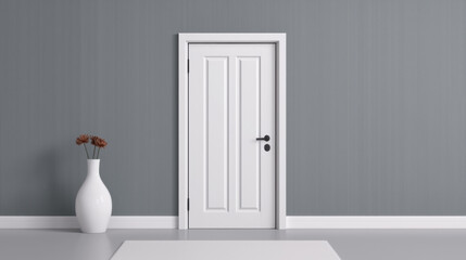 Modern interior featuring a white door against a gray wall with a vase of flowers nearby