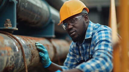 African american male engineer inspecting sewer pipes at construction site