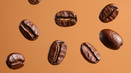 floating coffee beans captured against a warm orange background in a creative arrangement