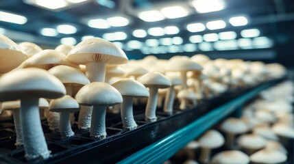 Poster - An atmospheric image of a mushroom farm, with rows of white button mushrooms growing in controlled conditions, illustrating the process of mushroom cultivation.
