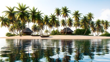 Wall Mural - Tropical beach scene with traditional huts and colorful boats