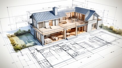 Poster - vision of architecture of a 3d model house project with blueprint