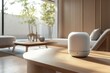 © SY - A white smart speaker on a wooden table. This image is perfect for showcasing the design of a modern smart speaker.