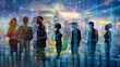 © fotografiedk - Finanzen Aktien und Banking Strategie - Silhouette eines Teams von der Skyline einer Stadt und Börsen Charts - Digitale Auswertung und Analyse