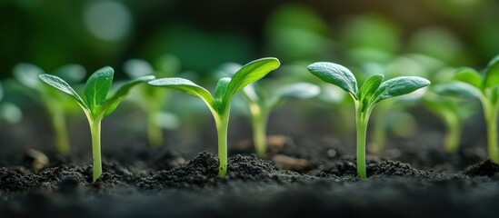 Poster - Close-up of green seedlings growing in soil.