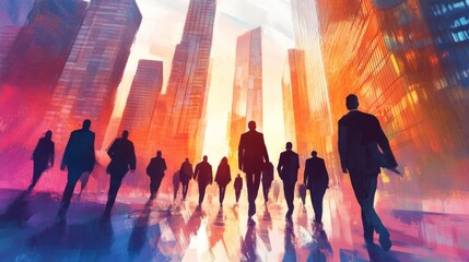 Aufkleber - An inspiring image of a group of business professionals walking towards a cluster of skyscrapers, symbolizing ambition and the fast-paced corporate environment.