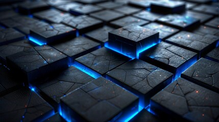 Poster - Abstract Futuristic Technology Background with Glowing Blue Cracks in Dark Tiles