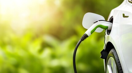 electric car charging with green nature background