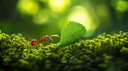 Poster - An intriguing shot of a leafcutter ant carrying a piece of leaf, with its tiny body contrasting against the lush green foliage, illustrating the industrious nature of insects