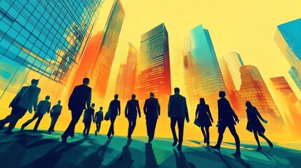 Aufkleber - An inspiring image of a group of business professionals walking towards a cluster of skyscrapers, symbolizing ambition and the fast-paced corporate environment.