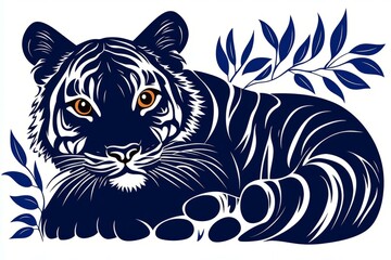 Illustration of a tiger resting amongst leaves, white isolated background.