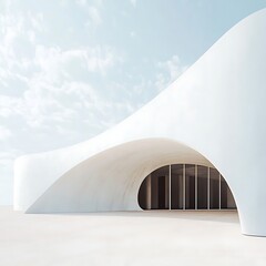 Sticker - Minimalist White Curved Building with Sky and Clouds.