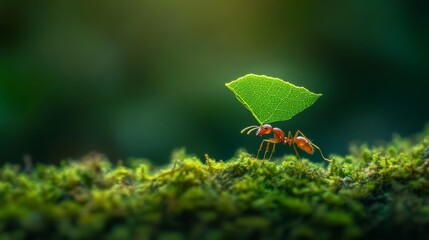 Poster - An intriguing shot of a leafcutter ant carrying a piece of leaf, with its tiny body contrasting against the lush green foliage, illustrating the industrious nature of insects