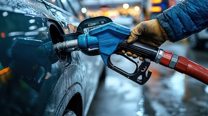 Close-up of a hand holding a gas pump while filling a car with fuel