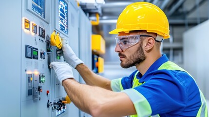 Poster - Electrical Technician Operating Control Panel in Factory