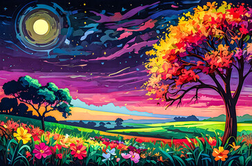 Wall Mural - an oil painting with rich, vivid colors of savannah flowers blooming in the moonlight. the sky is fi