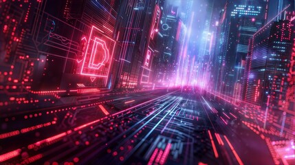 Poster - Futuristic Cityscape with Neon Lights and Digital Data Streams at Night