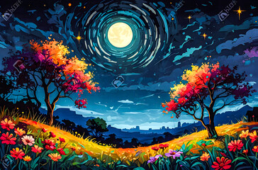 Wall Mural - an oil painting with rich, vivid colors of savannah flowers blooming in the moonlight. the sky is fi