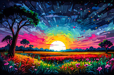Wall Mural - an oil painting with rich, vivid colors of savannah flowers blooming in the moonlight. the sky is fi