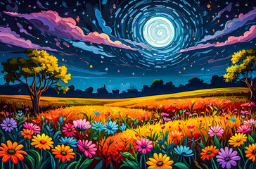 Wall Mural - an oil painting with rich, vivid colors of savannah flowers blooming in the moonlight. the sky is fi