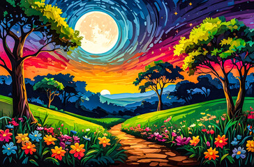 Wall Mural - an oil painting with rich, vivid colors of savannah flowers blooming in the moonlight. the sky is fi
