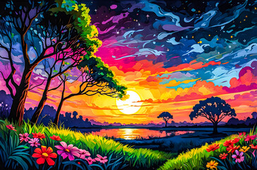 Wall Mural - an oil painting with rich, vivid colors of savannah flowers blooming in the moonlight. the sky is fi