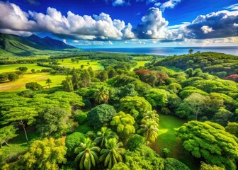 Wall Mural - Lush green trees rise in Hawaiiâ€™s tropical landscape, set against vibrant blue skies and breathtaking natural scenery that captivates the senses and inspires tranquility.