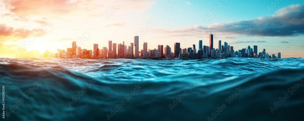 Sea level rising over coastal cities, visualizing the environmental ...