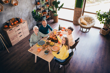 Poster - High angle view photo of four friendly family members clink champagne juice glass celebrate thanksgiving dinner apartment indoors