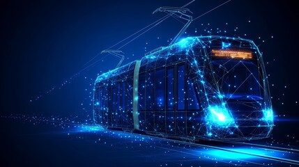 Poster - Abstract Digital Tram on Blue Technology Background with Lines, Connected Dots, and Triangles