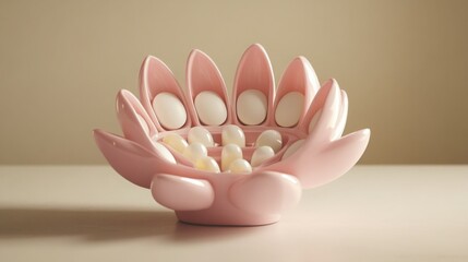 Poster - A decorative pink bowl, resembling a lotus flower, holds several white spheres nestled within its petals, creating an elegant centerpiece on a light-colored table.