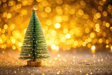 Wall Mural - Low angle small glittery Christmas tree with golden bokeh lights background and copy space