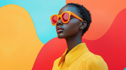 A playful magazine cover featuring bright colors and modern art, with a young, trendy individual as the focal point, set against a dynamic background